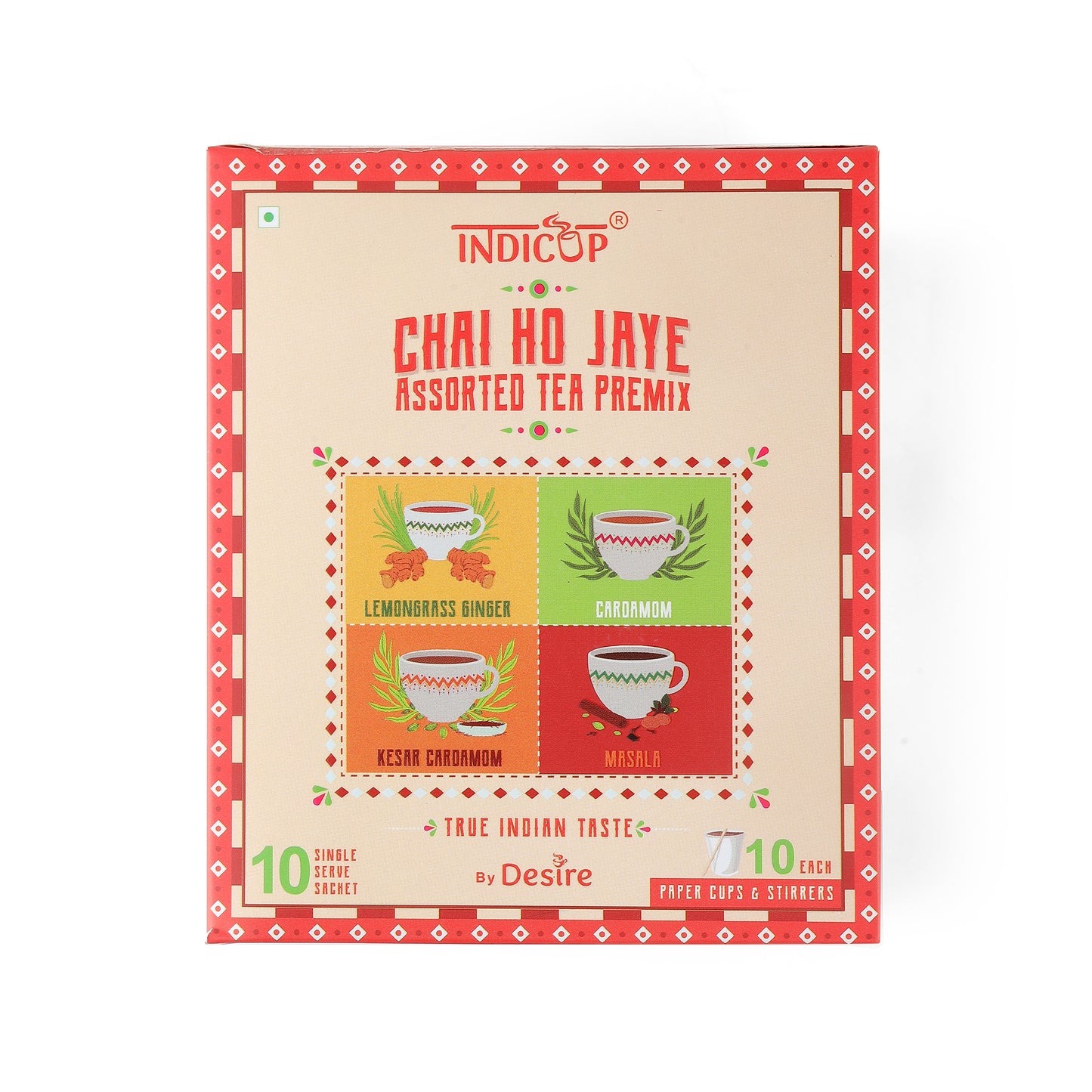 Indicup Instant Tea Premix Sachets Assorted Flavors Cardamom, Lemongrass Ginger, Masala Chai & Kesar Cardamom Premix (10 Sachets)