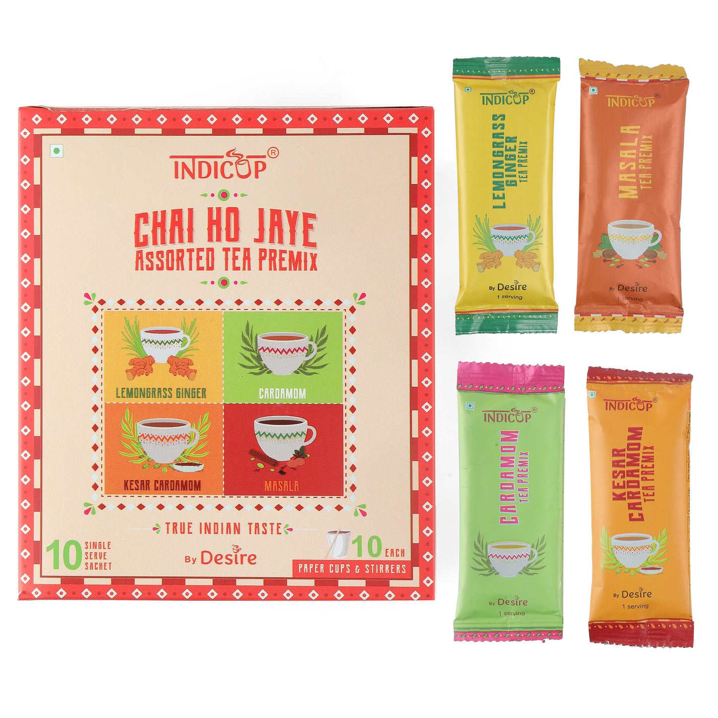 Indicup Instant Tea Premix Sachets Assorted Flavors Cardamom, Lemongrass Ginger, Masala Chai & Kesar Cardamom Premix (10 Sachets)