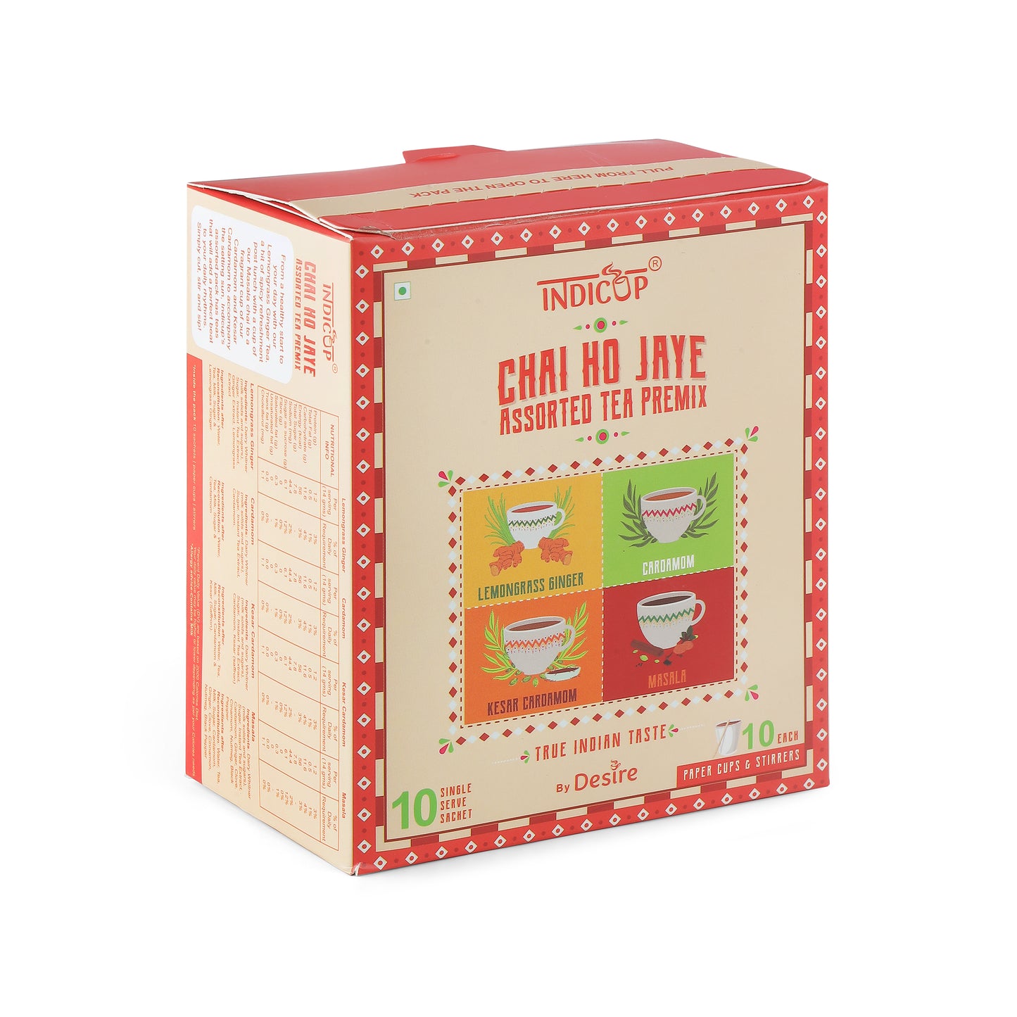 Indicup Instant Tea Premix Sachets Assorted Flavors Cardamom, Lemongrass Ginger, Masala Chai & Kesar Cardamom Premix (10 Sachets)