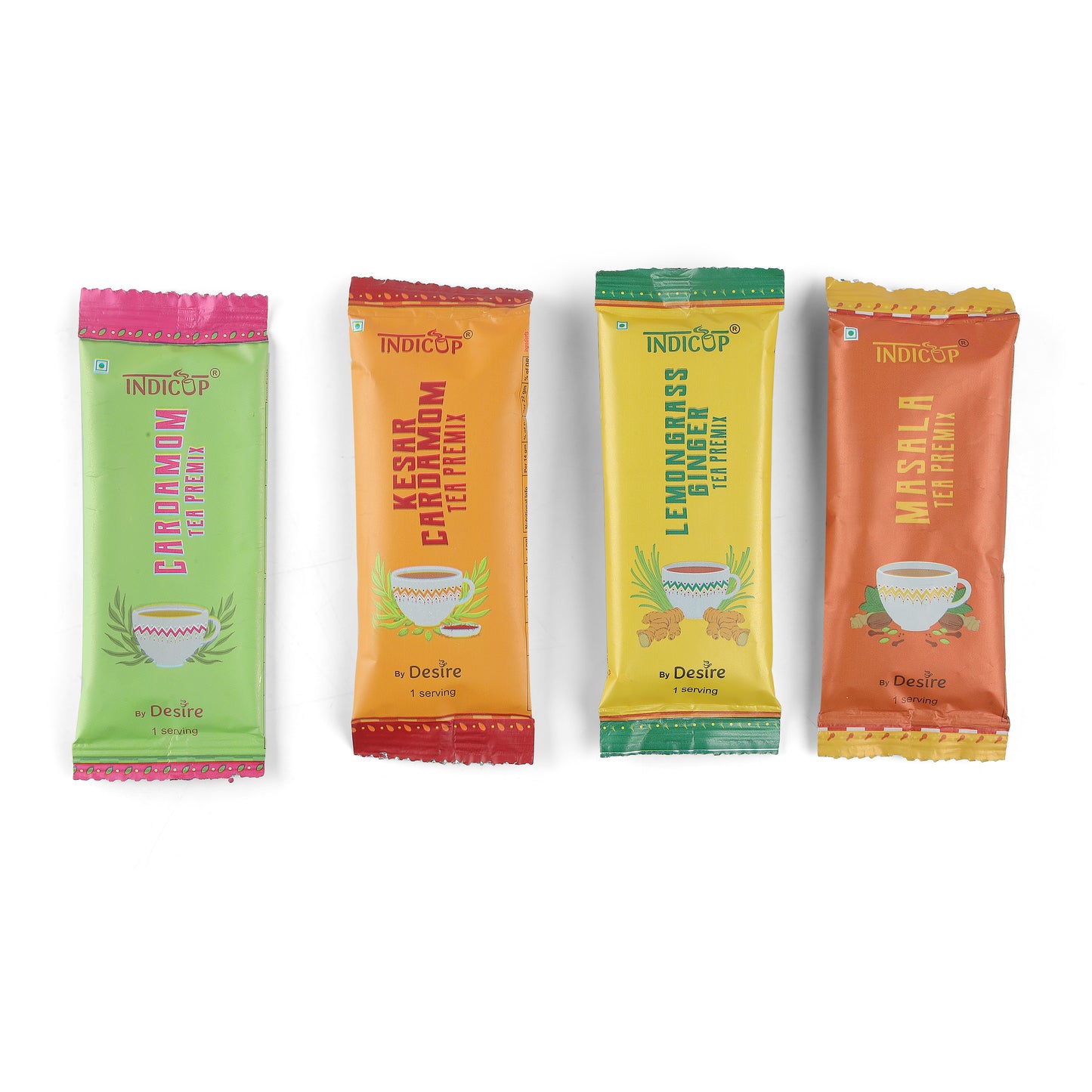 Indicup Instant Tea Premix Sachets Assorted Flavors Cardamom, Lemongrass Ginger, Masala Chai & Kesar Cardamom Premix (10 Sachets)