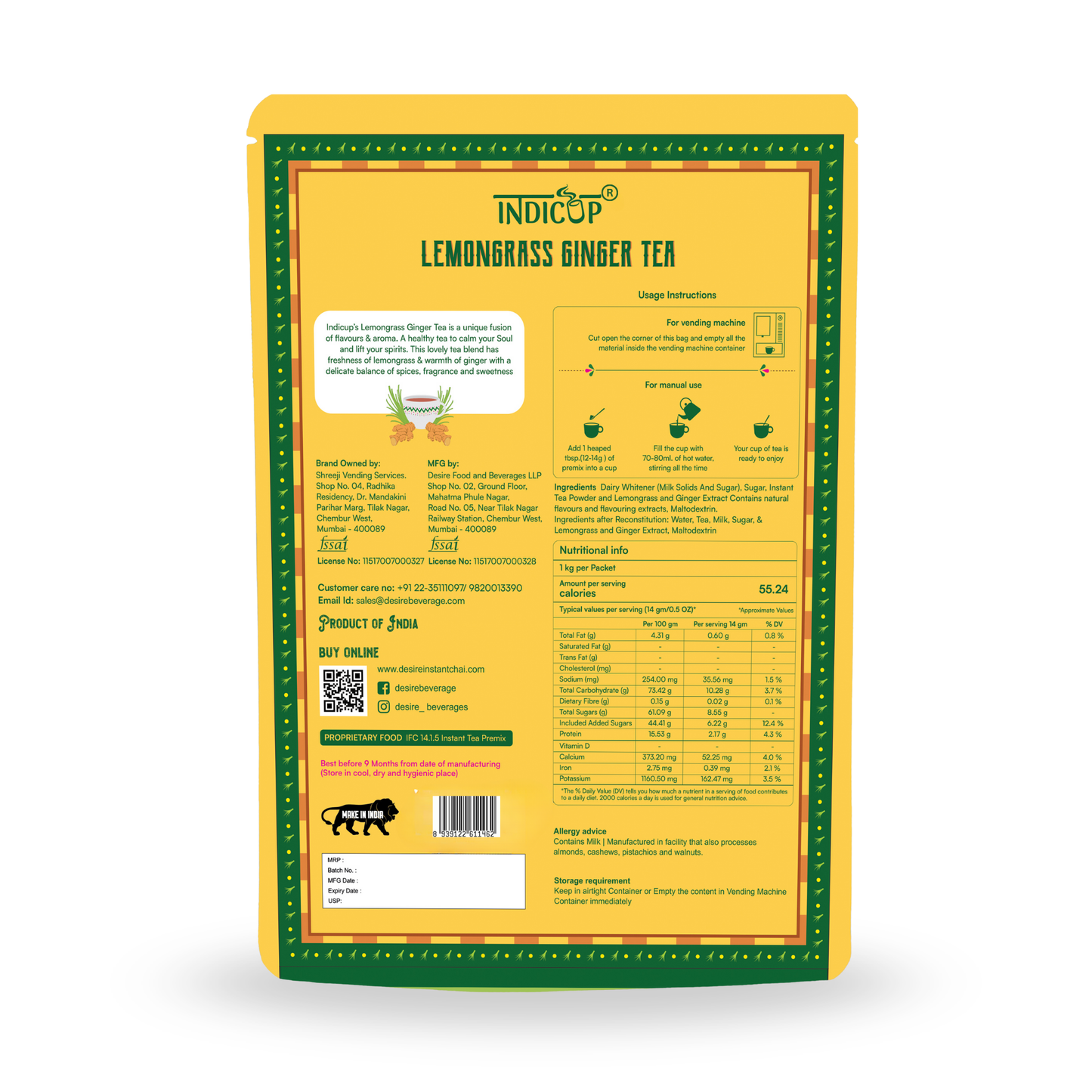 Indicup Lemongrass Ginger Tea 1 Kg for Both Manual and Vending Machines, Instant Tea Mix, Lemon Grass Ginger Flavor, Refreshing Taste