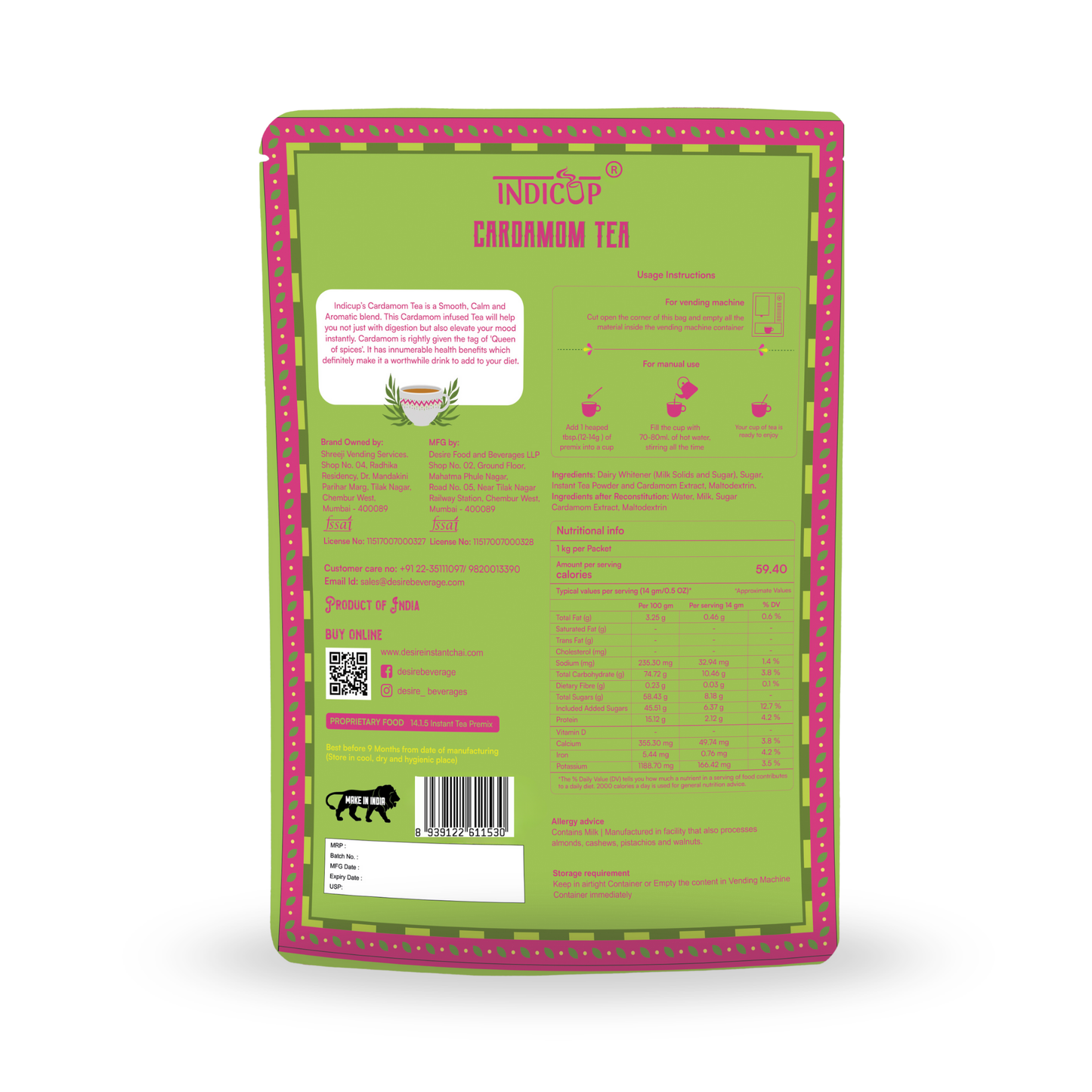 Indicup Cardamom Tea 1 Kg Elaichi Chai for Vending Machine & Manual Use - Instant Chai Cup, Just Add Water, Rich Aroma & Taste - Suitable for Cafe, Home and office