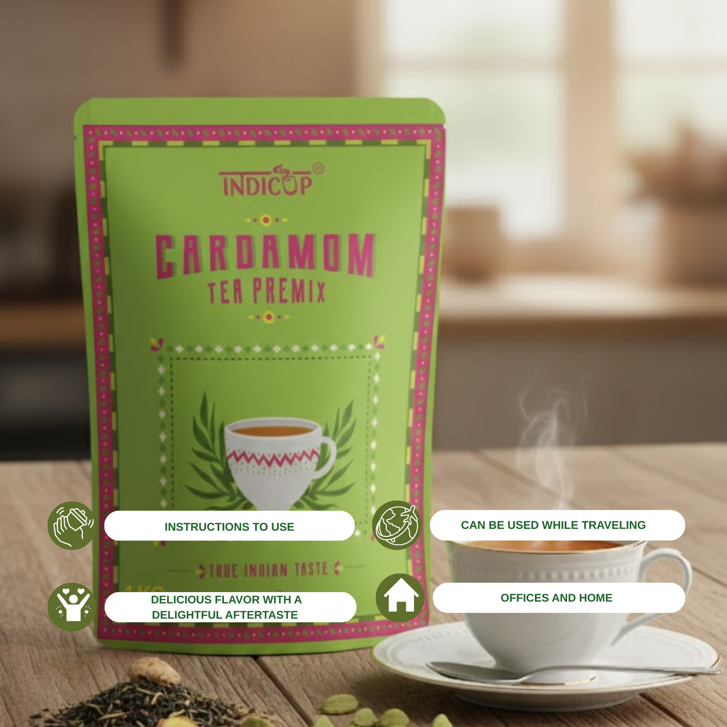 Indicup Cardamom Tea 1 Kg Elaichi Chai for Vending Machine & Manual Use - Instant Chai Cup, Just Add Water, Rich Aroma & Taste - Suitable for Cafe, Home and office