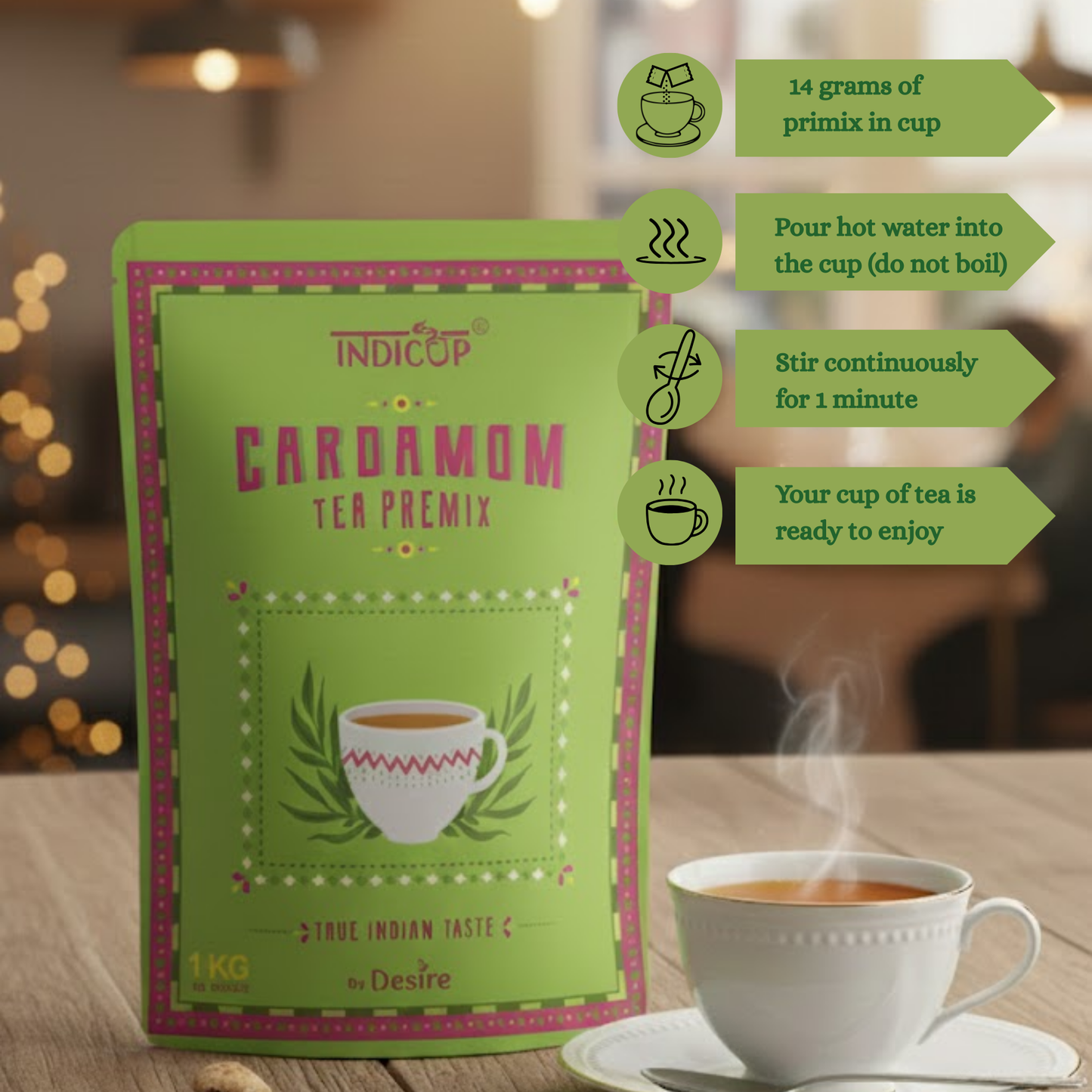 Indicup Cardamom Tea 1 Kg Elaichi Chai for Vending Machine & Manual Use - Instant Chai Cup, Just Add Water, Rich Aroma & Taste - Suitable for Cafe, Home and office