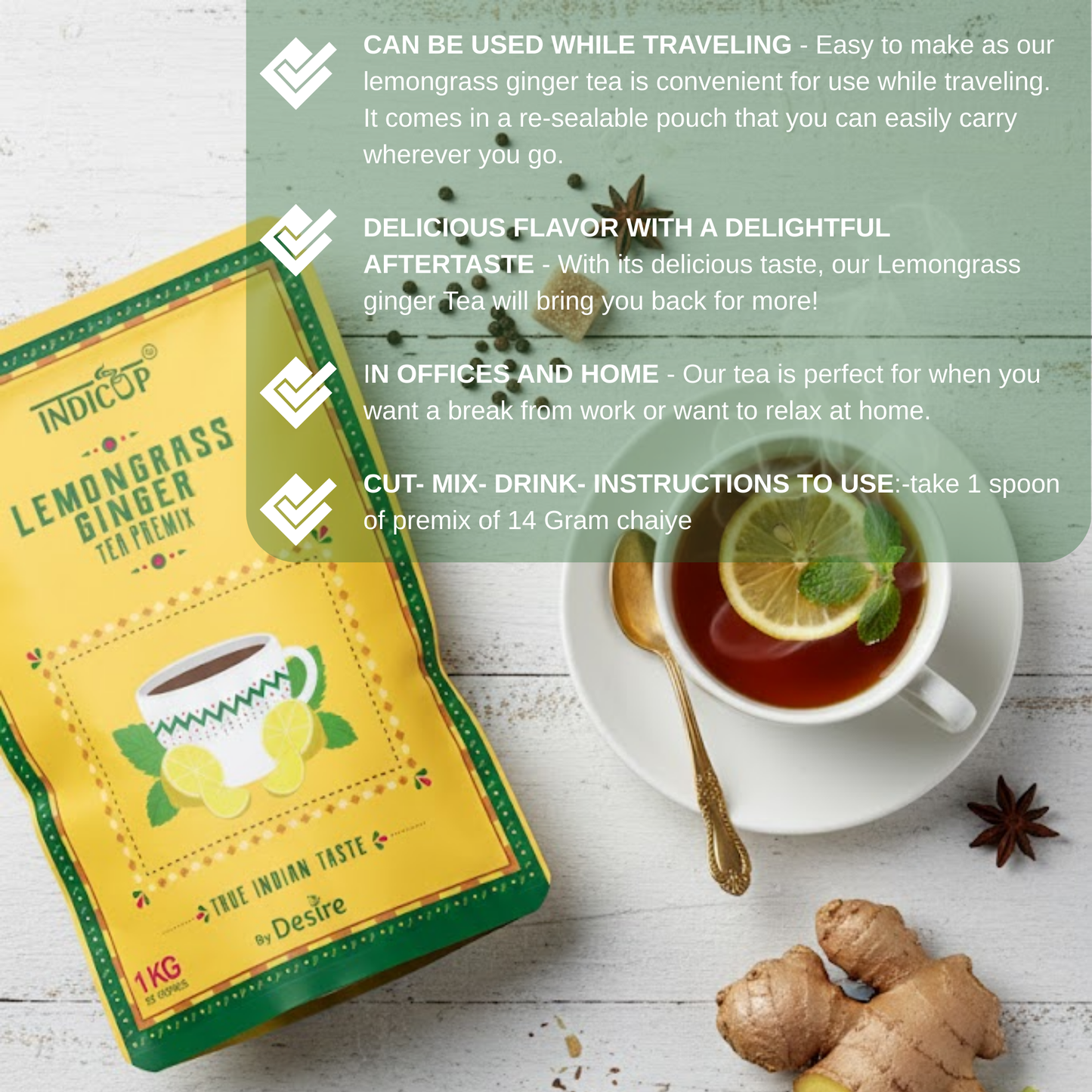 Indicup Lemongrass Ginger Tea 1 Kg for Both Manual and Vending Machines, Instant Tea Mix, Lemon Grass Ginger Flavor, Refreshing Taste