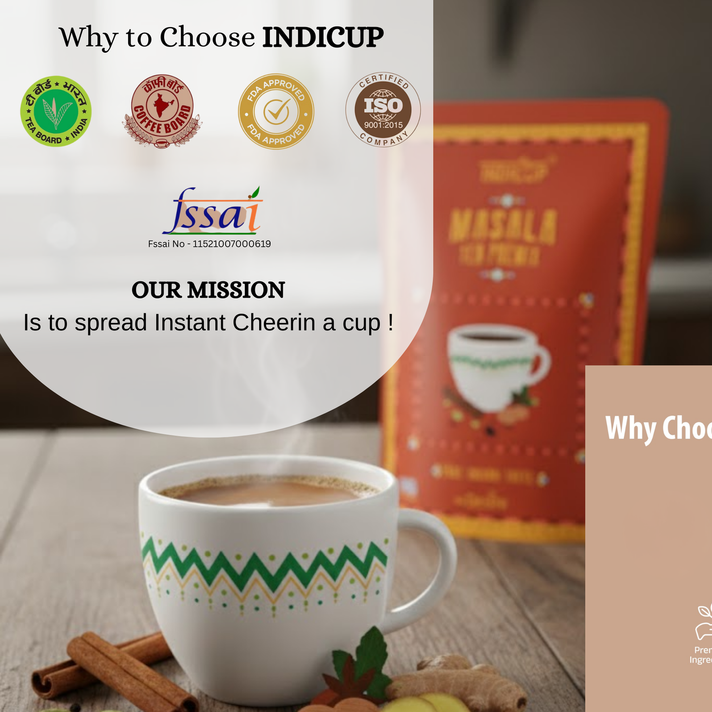 Indicup Masala Tea 1 Kg for Both Manual and Vending Machines, Instant Tea Mix, Cardamom Flavor, Refreshing Taste
