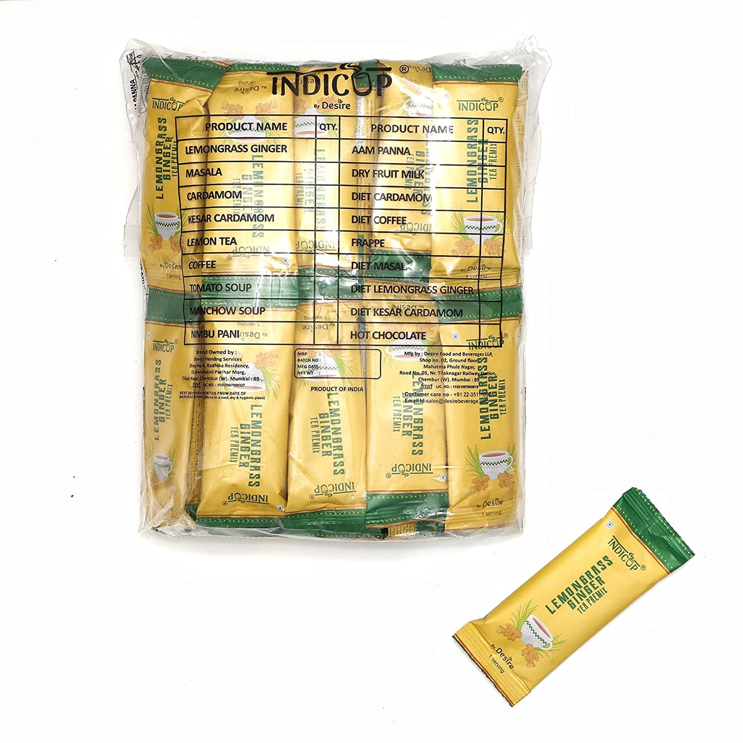 Indicup Lemongrass Ginger Tea Instant Premix, Instant tea mix, Refreshing tast (50 Sachets Pack).