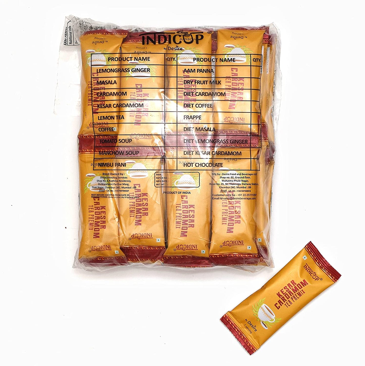 Indicup Instant Tea Premix Sachets Kesar Cardamom Tea Powder Premix, Ready to drink Kesar Elaichi Chai - Just Add Hot Water & Enjoy - 50 Sachets
