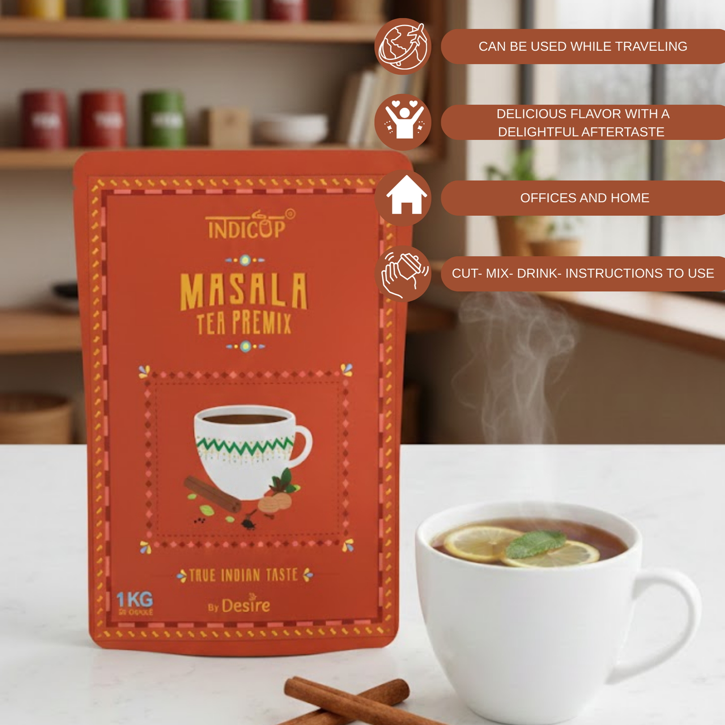Indicup Masala Tea 1 Kg for Both Manual and Vending Machines, Instant Tea Mix, Cardamom Flavor, Refreshing Taste