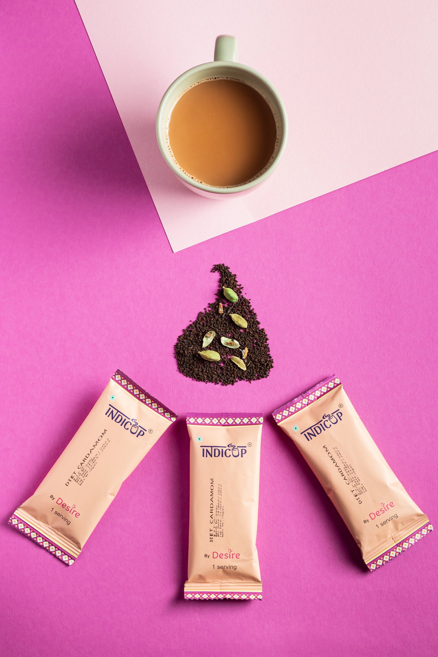 INDICUP Instant Assam Tea Premix Sachets|Low Sugar Whole Cardamom Elaichi Powder|Readymade Tea Powder Just Add Hot Water|Easy To Carry While Travelling (50 Sachets),790 Grams