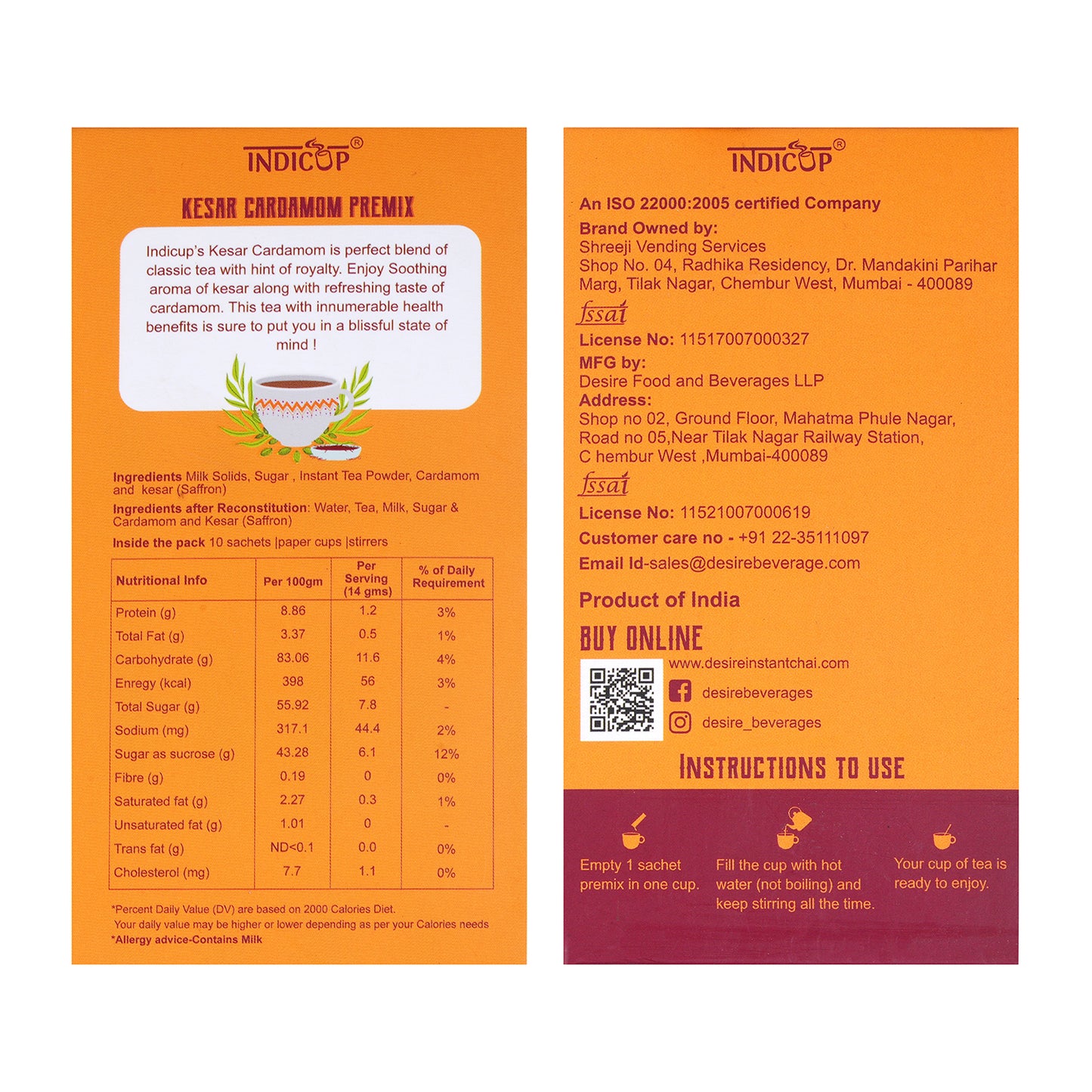 Indicup Kesar Cardamom Tea Instant Premix