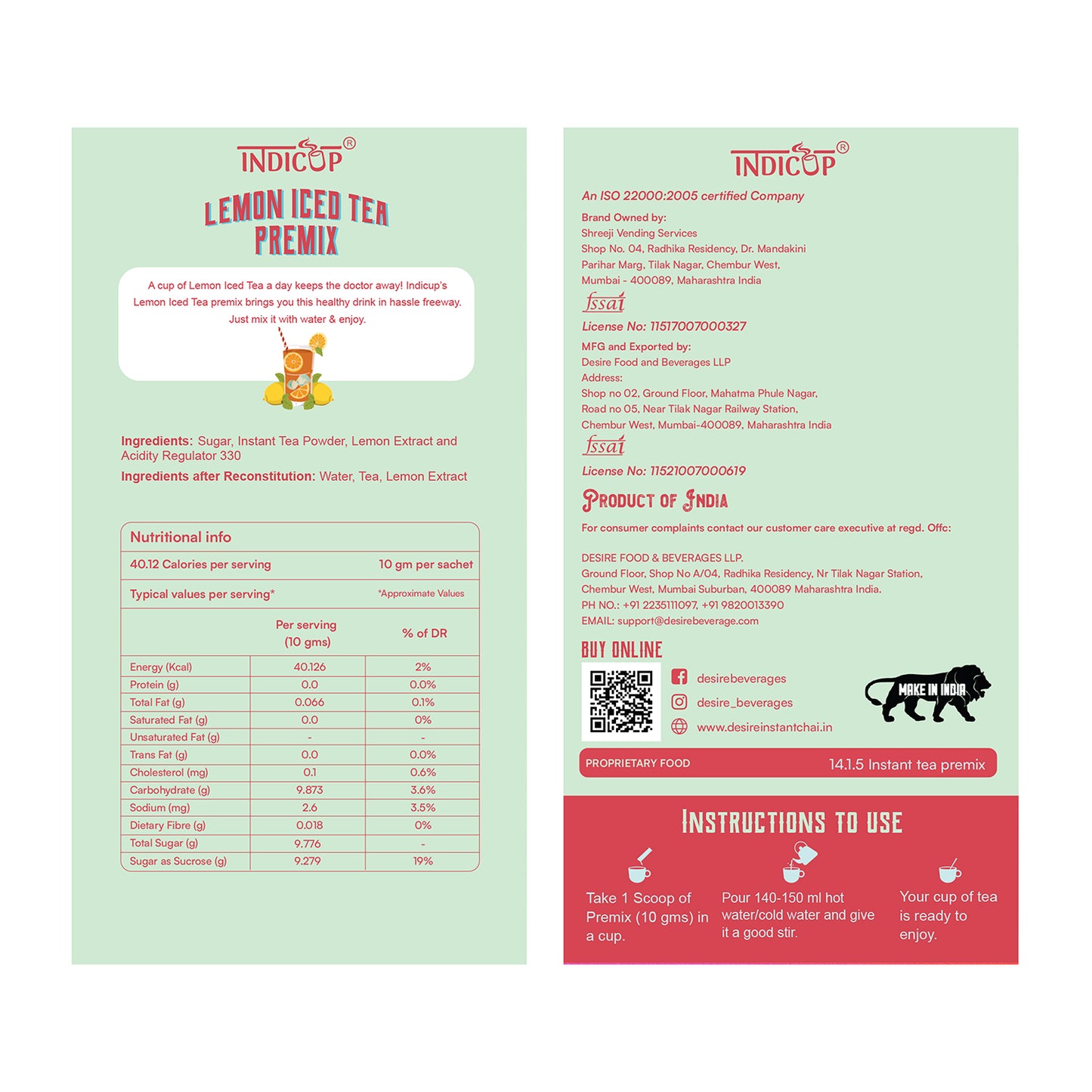 Indicup Lemon Iced Tea Premix Instant Tea Powder Sachets (10 - Sachets)