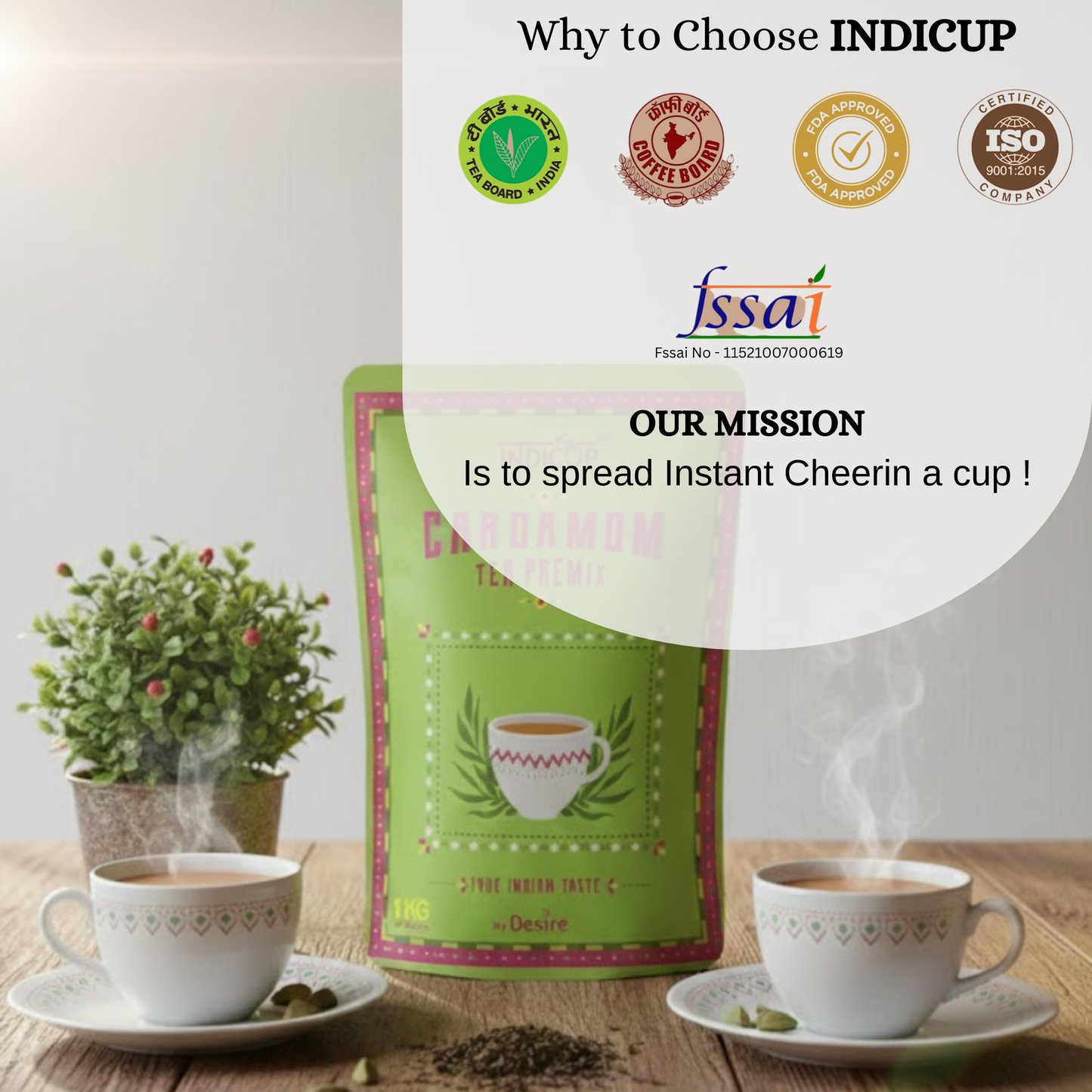 Indicup Cardamom Tea 1 Kg Elaichi Chai for Vending Machine & Manual Use - Instant Chai Cup, Just Add Water, Rich Aroma & Taste - Suitable for Cafe, Home and office