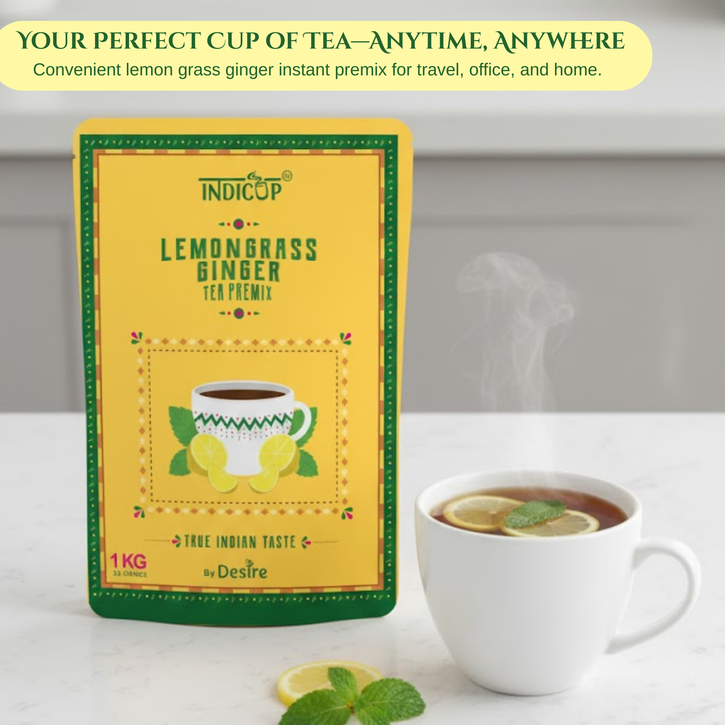 Indicup Lemongrass Ginger Tea 1 Kg for Both Manual and Vending Machines, Instant Tea Mix, Lemon Grass Ginger Flavor, Refreshing Taste