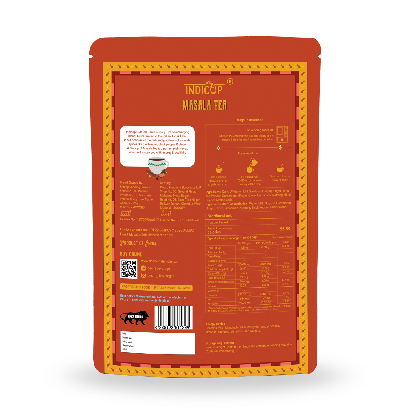 Indicup Masala Tea 1 Kg for Both Manual and Vending Machines, Instant Tea Mix, Cardamom Flavor, Refreshing Taste
