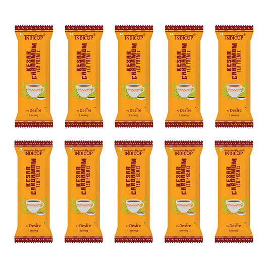 Indicup Instant Tea Premix Sachets Kesar Cardamom Tea Powder Premix, Ready to drink Kesar Elaichi Chai - Just Add Hot Water & Enjoy - 50 Sachets